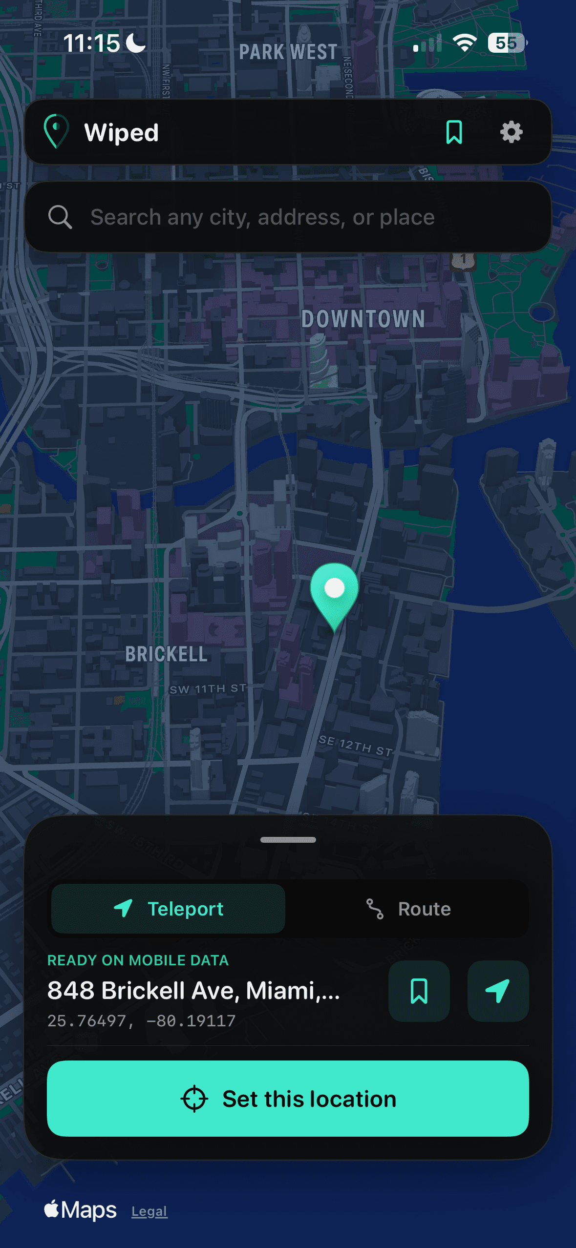 Wiped GPS location spoofer running on an iPhone